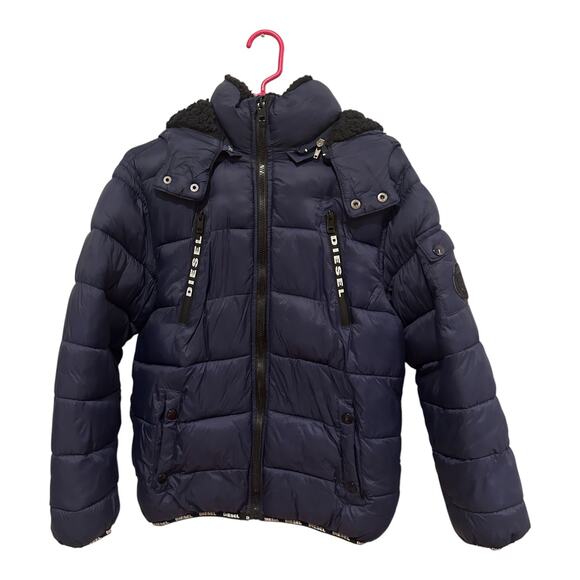 Diesel Kids Puffer Jacket Youth Large Navy Hooded Sherpa Lined Winter Coat